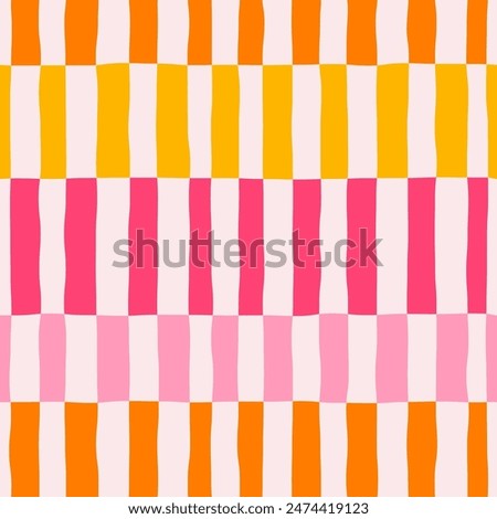 Abstract seamless pattern of vertical multicolored stripes in a row, distorted chess pattern, hand drawn illustration