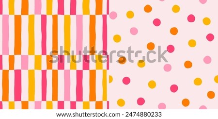 Set of seamless abstract multicolored polka dot and vertical stripes pattern on light background, hand drawn illustration, flat style