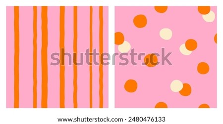 Set of seamless abstract patterns of red and white polka dots and vertical wavy stripes on a pink background, hand drawn illustration