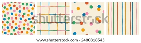 Set of cute seamless patterns of multicolored curved checkered lines and confetti, polka dots, striped pattern on a light background, hand drawn illustration