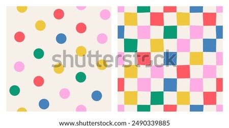 Set of abstract seamless colorful checkered multi-colored pattern and confetti, polka dots on a light background, hand drawn illustration