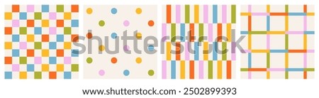 Set of seamless  colorful patterns of multicolored checkered lines and confetti, polka dots, checkerboard, striped pattern on a light background, flat style