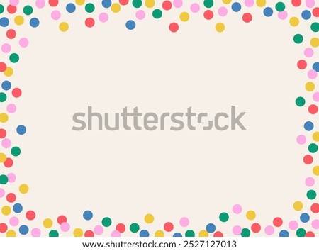 Abstract horizontal frame of multicolored polka dots, confetti on light background, flat style, copy space