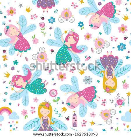 Vector seamless childish pattern with fairy, flowers,rainbow and other elements. Fairy with a magic wand vector illustration. Seamless pattern with cartoon fairy for kids, girl.