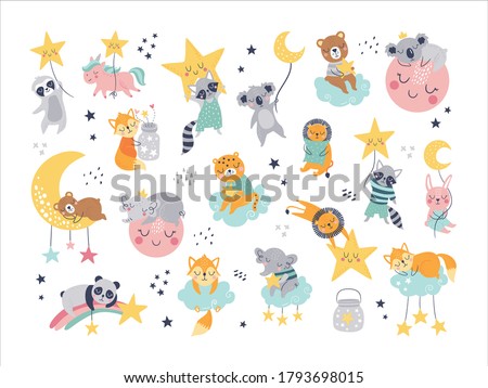 Isolated set with cute sleeping animals in scandinavian style. Collection with stars, moon and cloud. Sweet dreams. Ideal kids design, for fabric, wrapping, textile, wallpaper, apparel