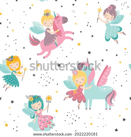Vector seamless childish pattern with fairy, stars, unicorn and other elements. Fairy with a magic wand vector illustration. Seamless pattern with cartoon fairy for kids, girl.