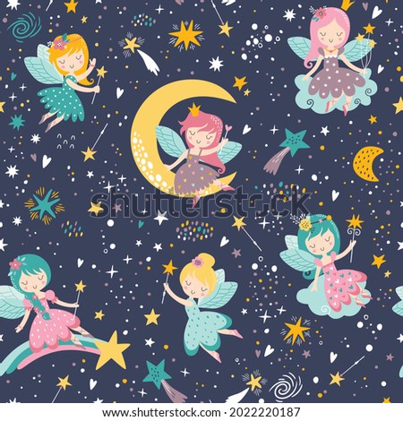 Vector seamless childish pattern with fairy, stars, moon and other elements. Fairy with a magic wand vector illustration. Seamless pattern with cartoon fairy for kids, girl.