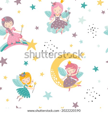 Vector seamless childish pattern with fairy, stars, cloud, comet and other elements. Fairy with a magic wand vector illustration. Seamless pattern with cartoon fairy for kids, girl.