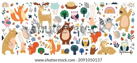 Isolated set with cute woodland forest animals in cartoon style. Ideal kids design, for fabric, wrapping, textile, wallpaper, apparel