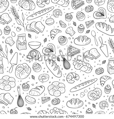 Hand drawn fresh bakery pattern. Seamless vector background.