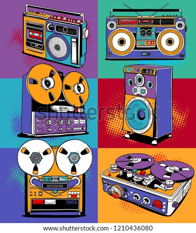 Vintage different Recording equipment in a bright Pop Art style. Audio tape cassettes, portable boombox, radio, player recorder, powered speaker.  Poster, t-shirt composition. Vector illustration.