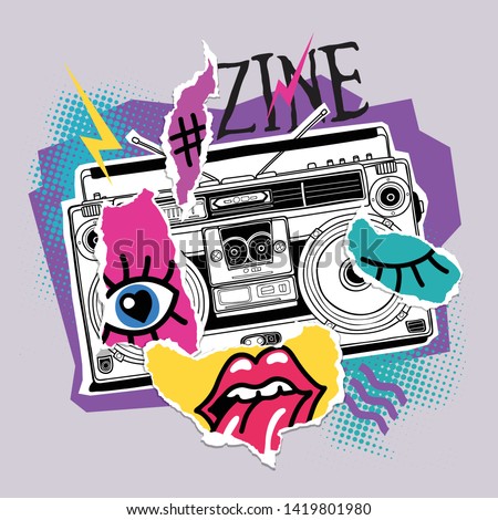 Bright poster in a Zine Culture style. Vintage Recording equipment, portable boombox, radio, player recorder with paper collage. Humor t-shirt composition, hand drawn style print. Vector illustration.