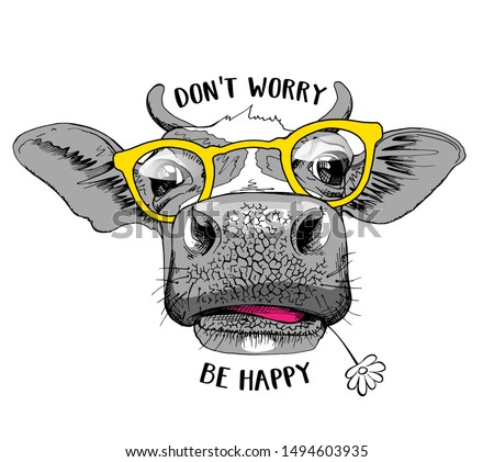 Cute cow in a yellow glasses and with a Chamomile flower. Don't worry be happy - lettering quote. Humor card, t-shirt composition, hand drawn style print. Vector illustration.