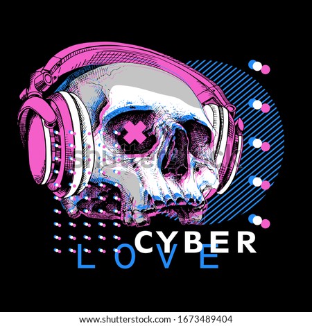 Skull without lower jaw in a headphones. Cyberpunk glitch art. Creative poster, t-shirt composition, hand drawn style print. Vector illustration.