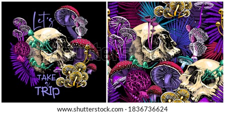 Collection of print and seamless pattern. Bright Magic Psychedelic Mushrooms and skulls. Humor textile composition, hand drawn style print. Vector illustration.