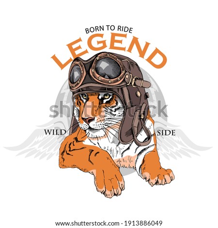 Tiger in a retro leather aviator helmet and with a wings. Creative poster, t-shirt composition, hand drawn style print. Vector illustration.