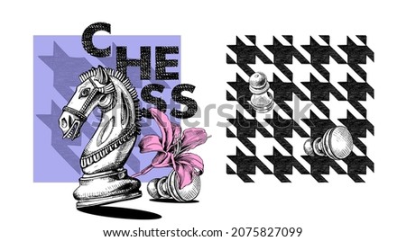 Collection of one print and one seamless Houndstooth pattern. Knight Chess figure with the lily flower on a checkered background. Textile composition, hand drawn style print. Vector illustration. 