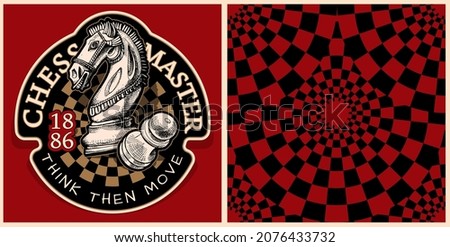 Collection of one emblem and one seamless pattern. Knight Chess figure with the pawn on a checkered background. Textile composition, hand drawn style print. Vector illustration.