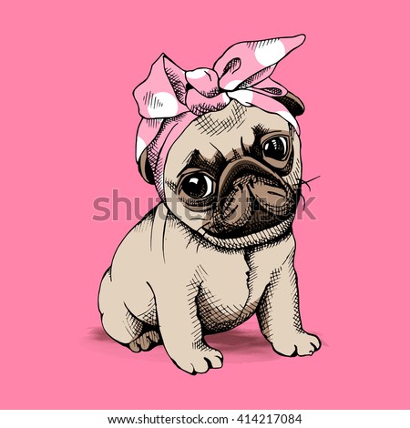 Puppy Pug in a Headband on pink background. Vector illustration.
