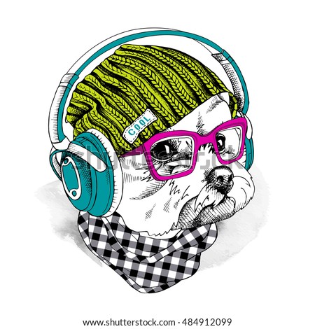 Portrait of a dog Maltese in a hipster knitted green hat and in a blue Headphones and with pink glasses. Vector illustration.