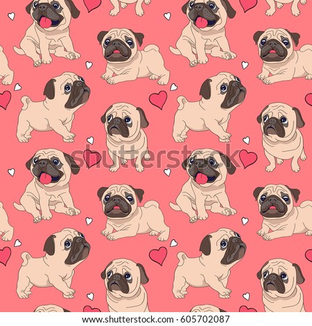 Seamless pattern with image of a Funny cartoon pugs puppies on a pink background. Vector illustration.