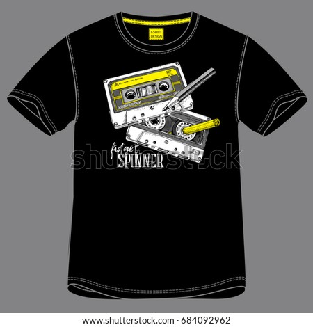 T-shirt design with image of a two Audio Cassettes and a yellow pencil. Vector illustration.