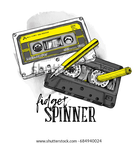 Humor poster with image of a two Audio Cassettes and a yellow pencil. Vector illustration.