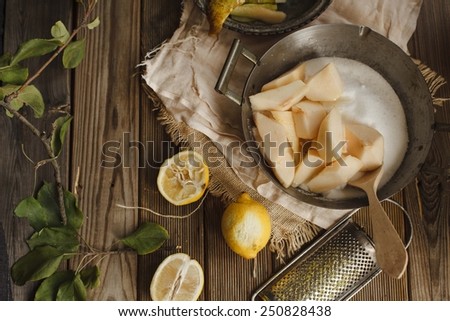 Fruit background. Still life with  Fresh organic pears on old wood. Pear autumn harvest. Retro vintage style. Top view. See series. Partial Blurred background