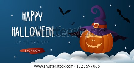 Halloween sale banner with Jack O' Lantern pumpkin, witch hat, bat, cloud and stars. Vector illustration background for party invitation, greeting card, web, social media.