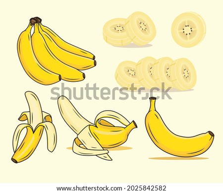 Bananas Cartoon. Banana peel, banana slice, and yellow fruit of bananas. Tropical fruits. Vector illustration icons set