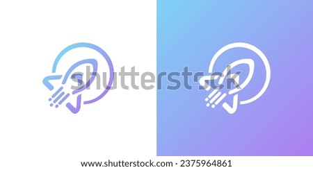 Outline rocket icon logo. Isolated on white. Flat line icon. Vector illustration with flying rocket. Space travel. Project start up sign. Creative idea symbol. Blue and white.