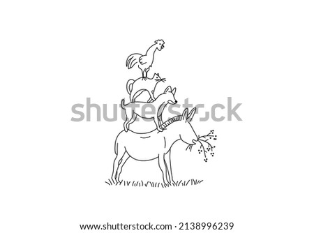 Vector isolated cute cartoon animals from the Bremen Town musicians standing next to each other colorless black and white contour line doodle drawing