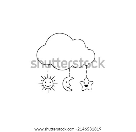 Vector isolated sun, crescent moon, star hanging on a string under a cloud colorless black and white contour line drawing ストックフォト © 
