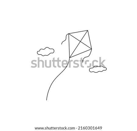 Vector isolated rhombus kite flying  in the clouds colorless black and white contour line drawing