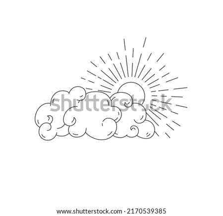 Vector isolated sun shining brightly from behind the clouds colorless black and white contour line drawing