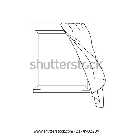 Vector isolated square window with curtains fluttering in the wind colorless black and white contour line drawing