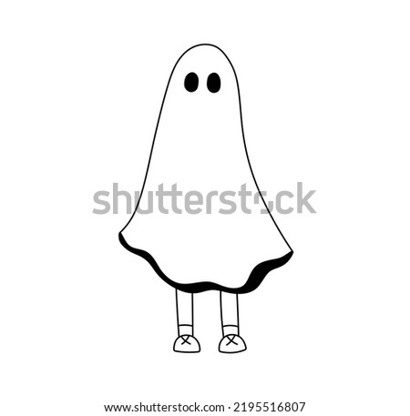 Vector isolated ghost under white sheet with legs sticking out colorless black and white contour line drawing