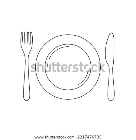 Vector isolated one round plate with fork and knife on the sides serving top view colorless black and white contour line easy drawing