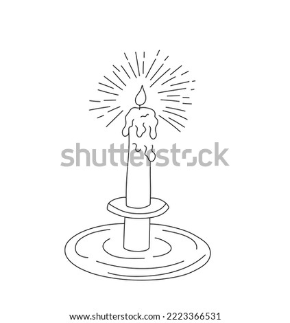 Vector isolated one burning candle in a candlestick holder colorless black and white contour line easy drawing