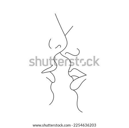 Vector isolated two kissing people faces profile side view lips and noses colorless black and white contour line easy drawing