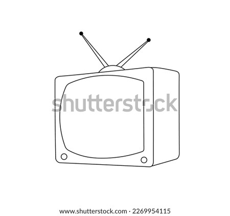Vector isolated one single retro vintage small TV with antenna colorless black and white contour line easy drawing