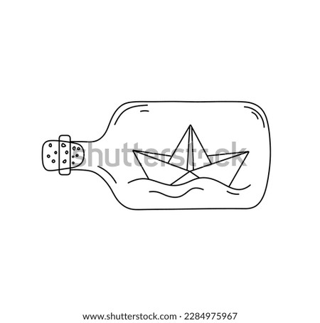 Vector isolated one single glass bottle with boat inside colorless black and white contour line easy drawing