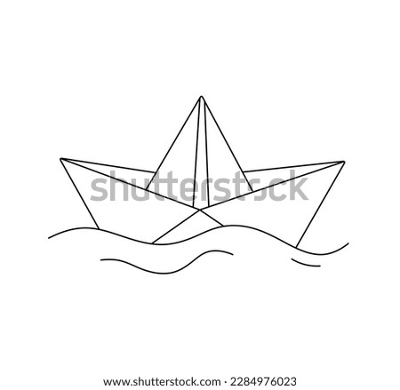 Vector isolated one single origami paper boat floating in water colorless black and white contour line easy drawing