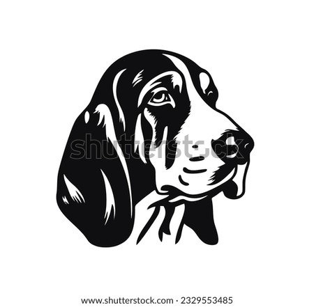 Vector isolated one single sitting Basset Hound dog head front view black and white bw two colors silhouette. Template for laser engraving or stencil, print for t shirt