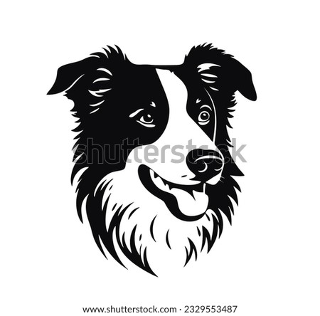 Vector isolated one single sitting Border Collie dog head front view black and white bw two colors silhouette. Template for laser engraving or stencil, print for t shirt