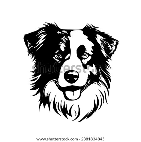 Vector isolated one single sitting Border Collie Australian Shepherd dog head front view black and white bw two colors silhouette. Template for laser engraving or stencil, print for t shirt