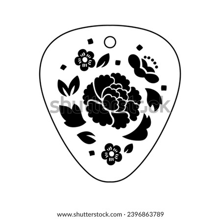 Vector isolated one single guitar pick with hole with beautiful flowers ornament pattern bts style suga guitar pick design colorless black and white contour line easy drawing