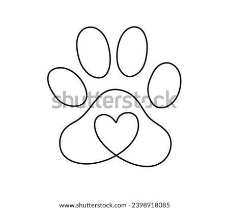 Vector isolated one single dog cat bear paw print with heart colorless black and white contour line easy drawing