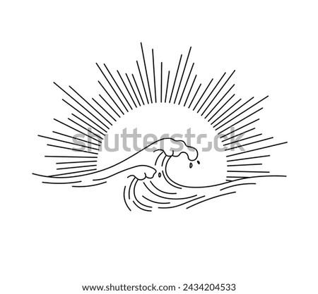 Vector isolated sun and waves landscape colorless black and white contour line easy drawing