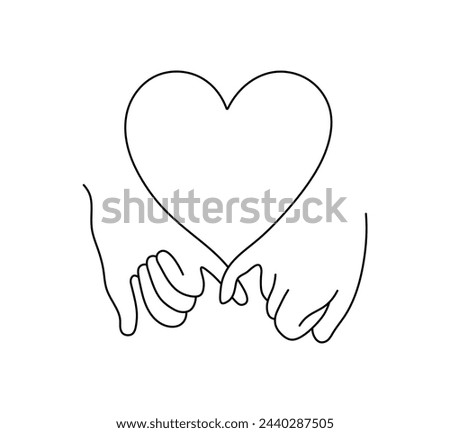 Vector isolated two lovers hands with little fingers and heart symbol colorless black and white contour line easy drawing